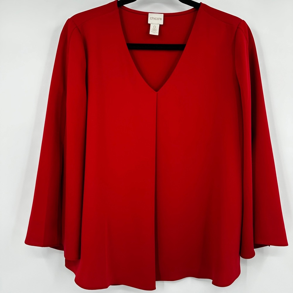 Chicos Red V-Neck Split Bell Sleeve Blouse Top Sizeβ 0 Small Professional Flowy